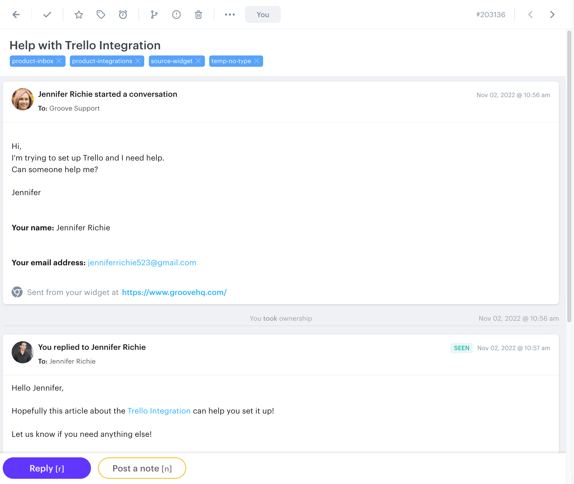 A support ticket in the Groove customer service help desk.