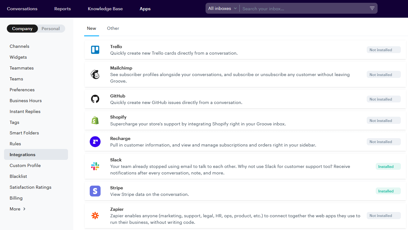 The Groove SaaS helpdesk software integration options.