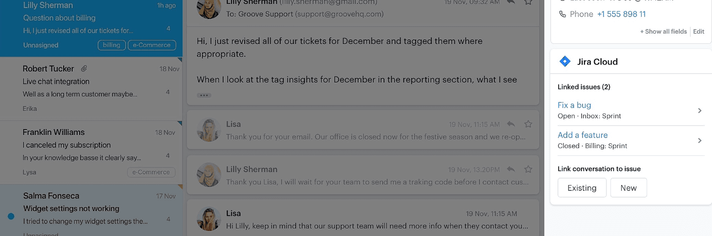 Linking a conversation or ticket within Groove to Jira allows you to get status updates via Jira without leaving your Groove inbox.