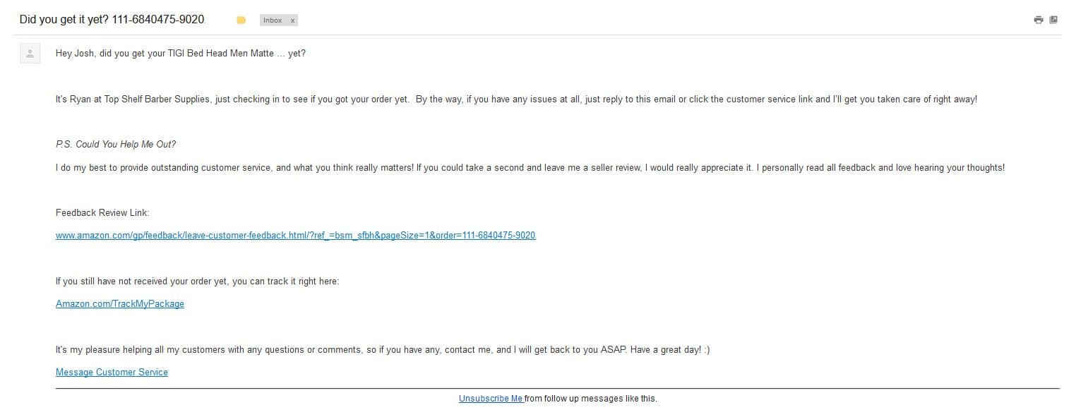 Example customer feedback request from online retailer Top Shelf Barber Supplies after making a purchase. (Click to see larger image)