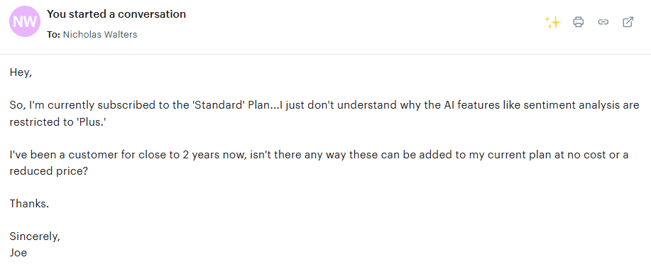 An example of an email in Groove asking for something that isn't possible and goes against policy.