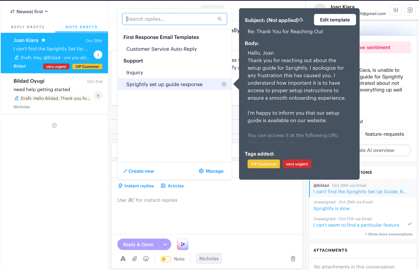 An example of Groove's instant replies, which can be used the same as a canned response.
