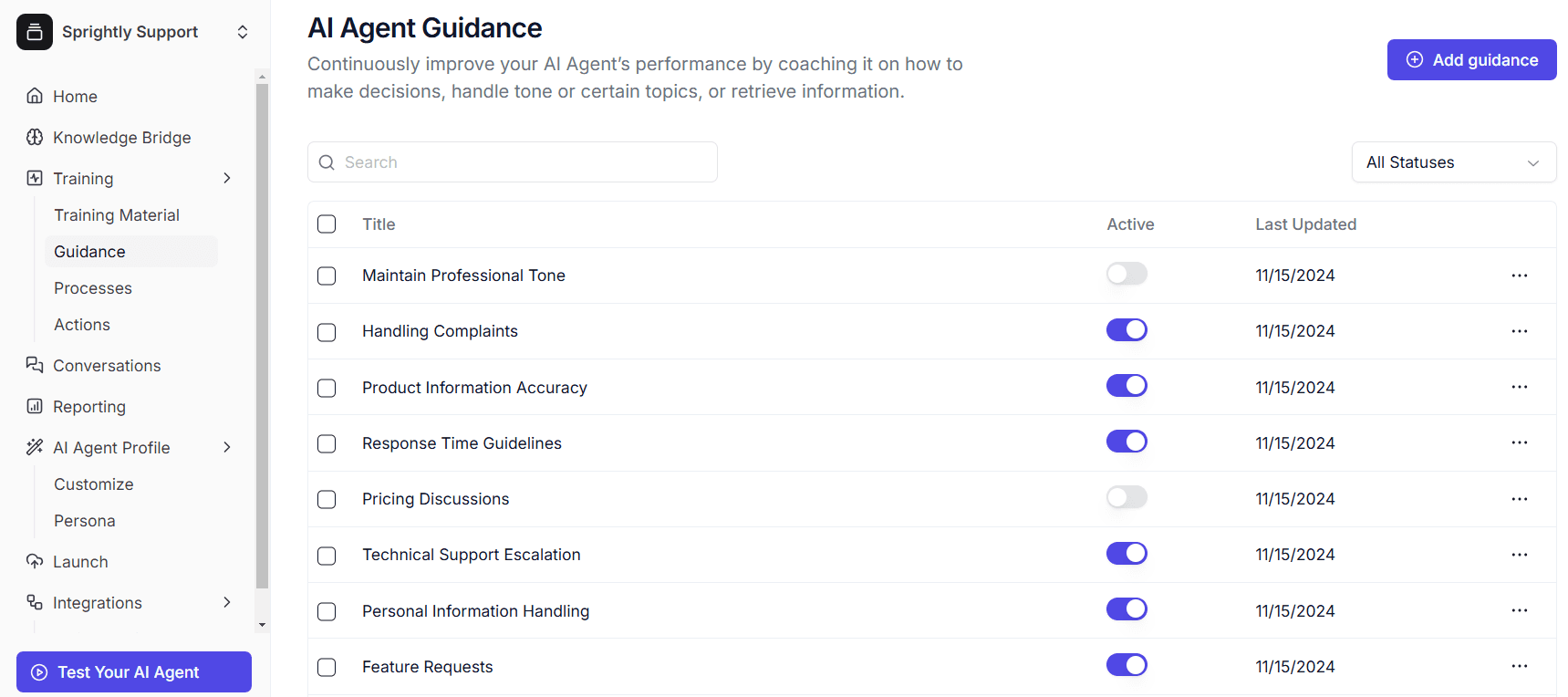 AI Agent "guidance" within Helply, that allows you to set specific tasks and guidelines to be followed for tone and clarity.
