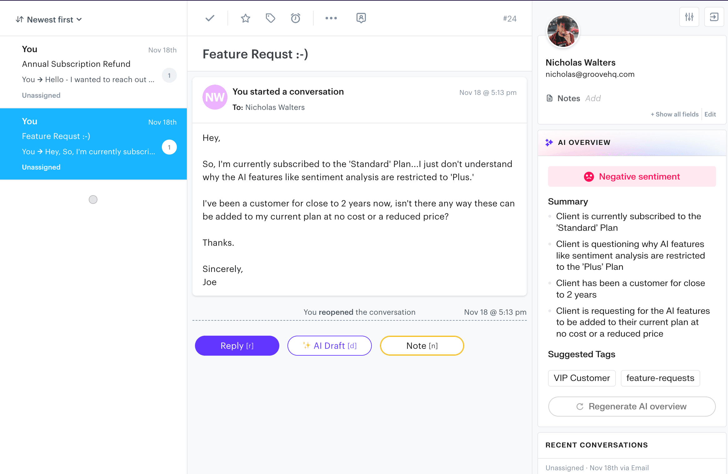 An example of a situation that may call for human response and not AI powered customer support.
