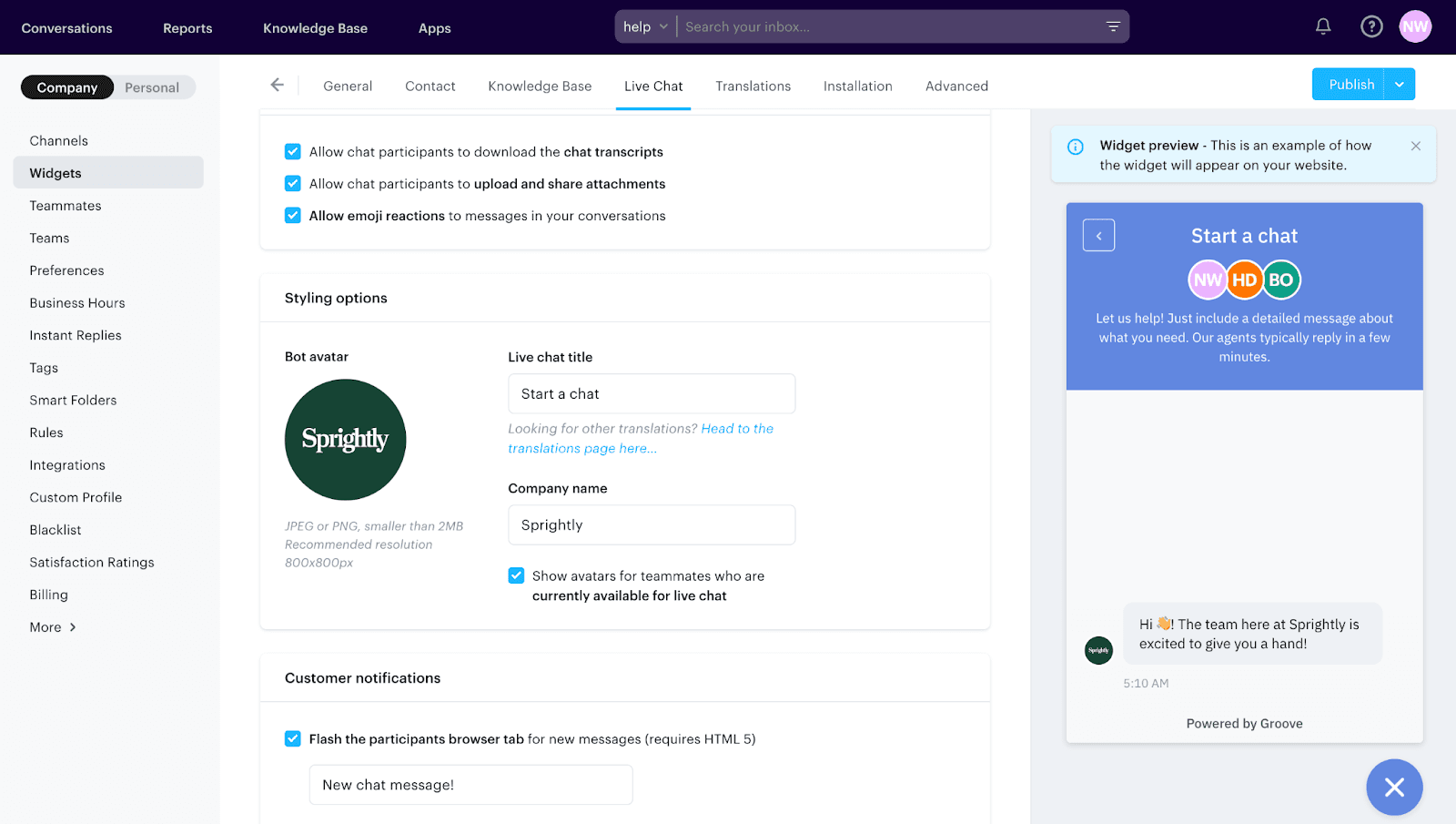 Building a live chat widget within Groove for Sprightly.