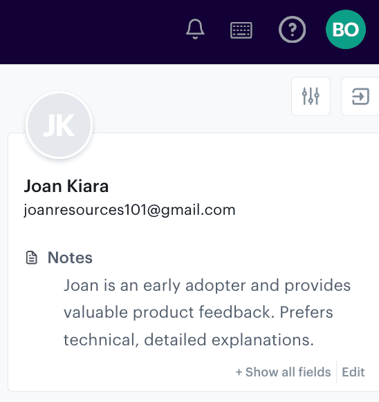 Screenshot showing how to add a note on a customer profile on Groove