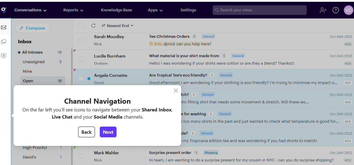 Groove's shared inbox that supports email, live chat and social media