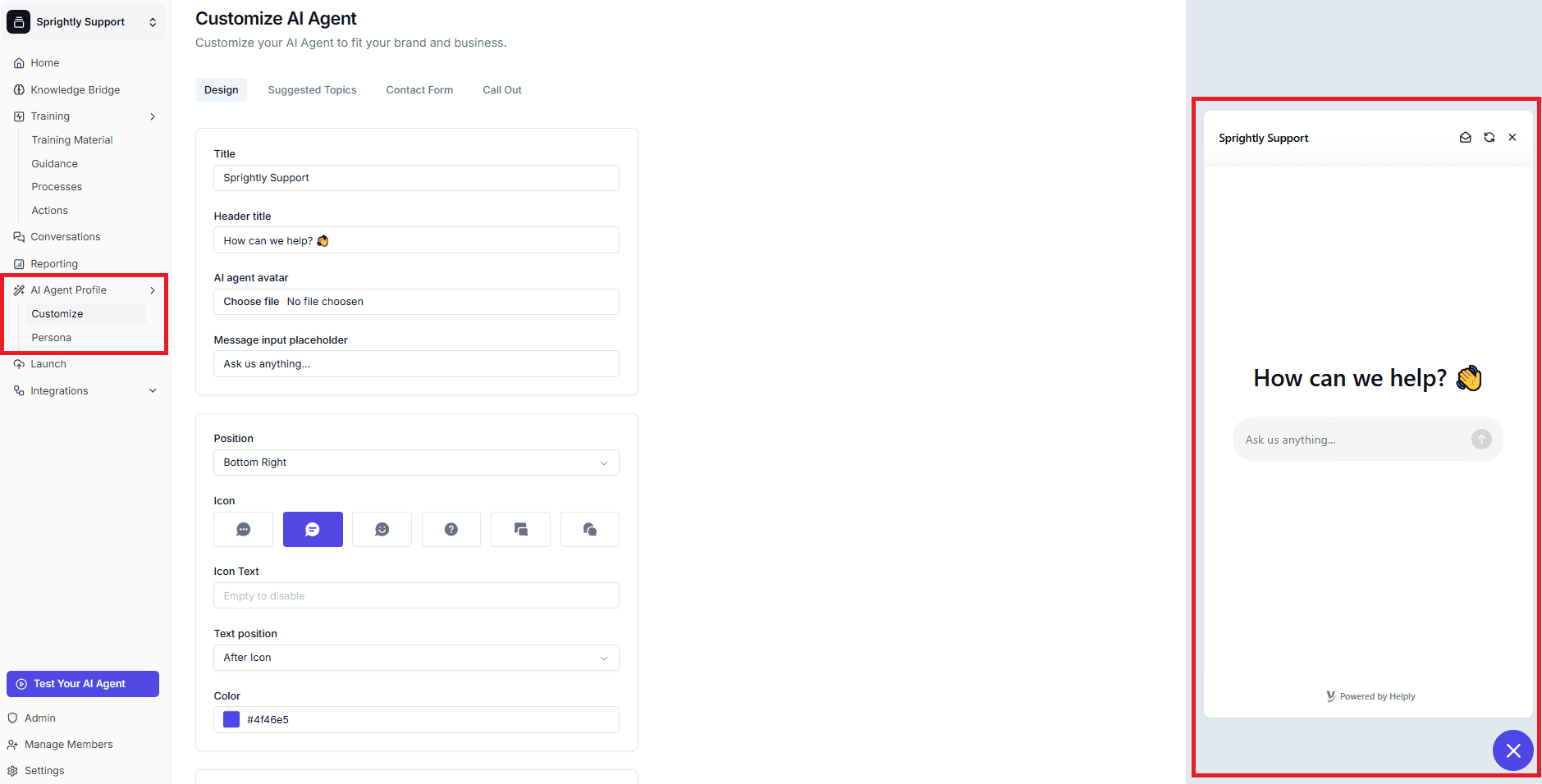 Customizing the Helply AI agent's apparence within the dashboard.