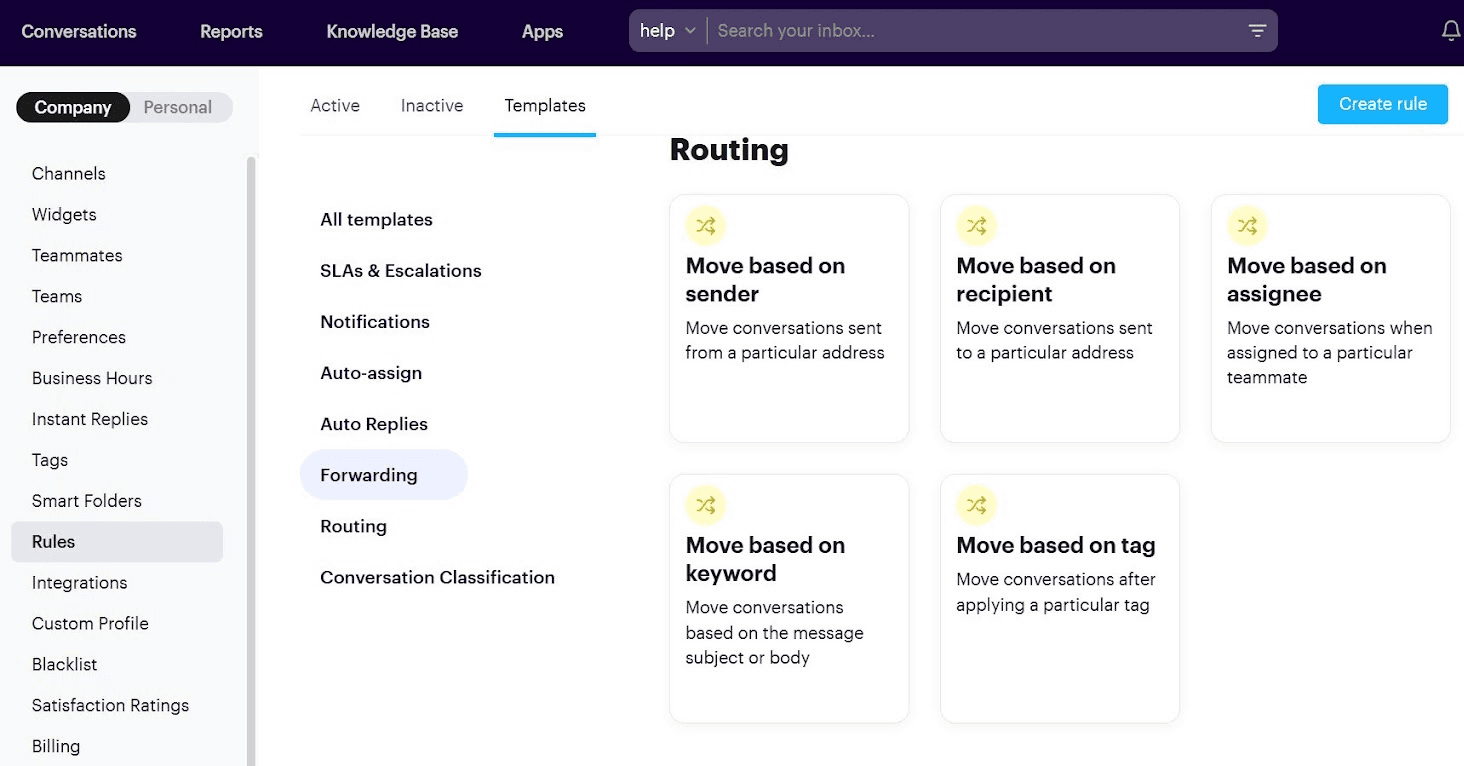 Ticket routing to a specific agent within Groove can be set up via 'Rules.'