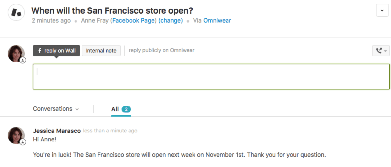 Zendesk allows you to respond not only to Facebook Messenger inquiries, but also to any content posted on your business page.