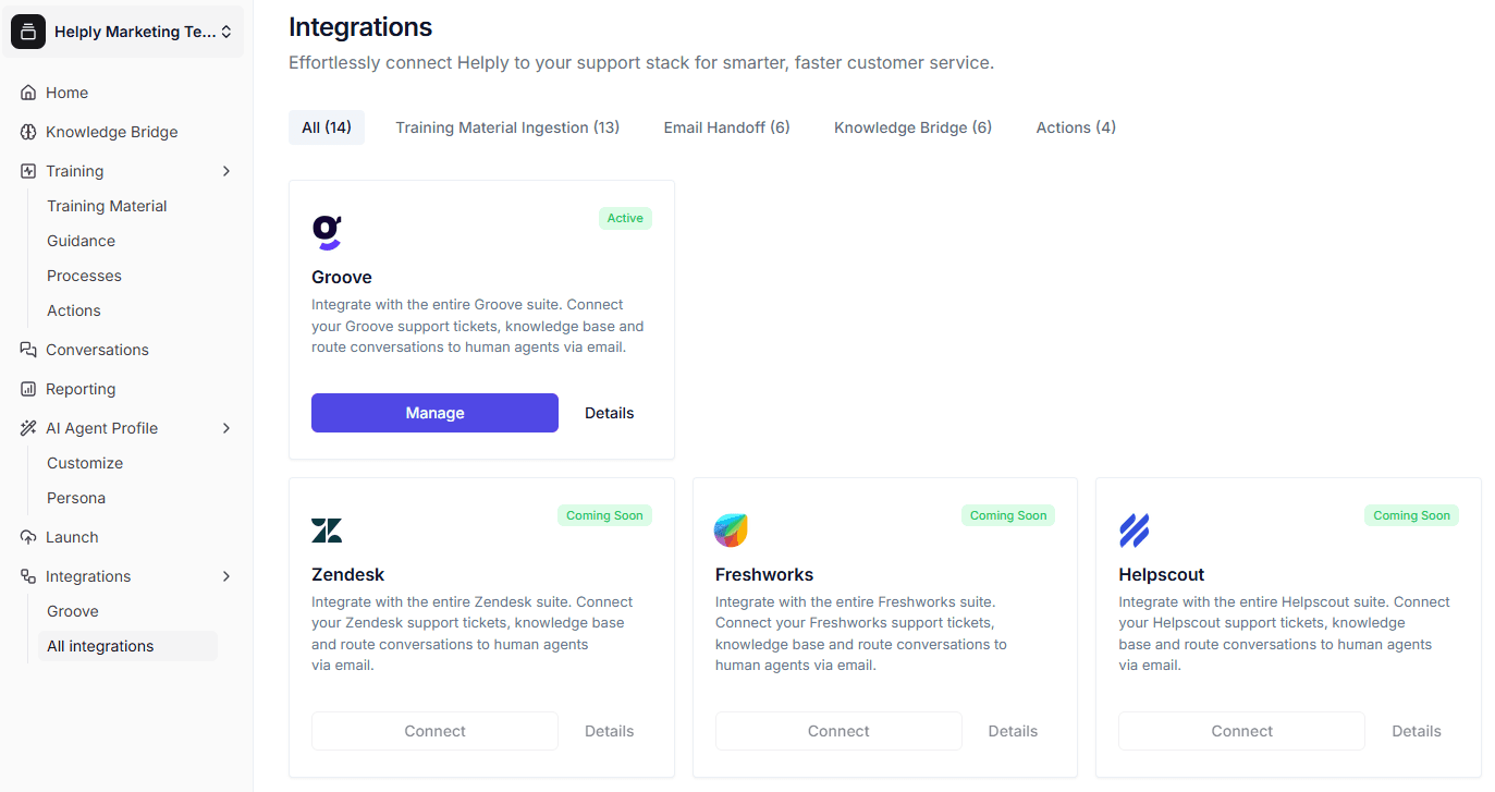 Integrations within Helply that allow you to connect to help desk tools or other software like Slack.