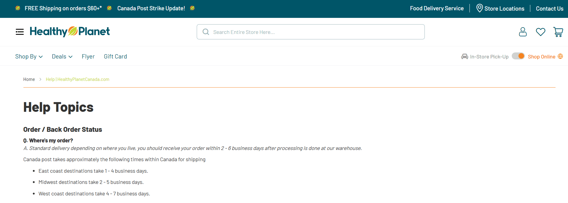 "Help" landing page on a website that customers report difficulty finding information on.