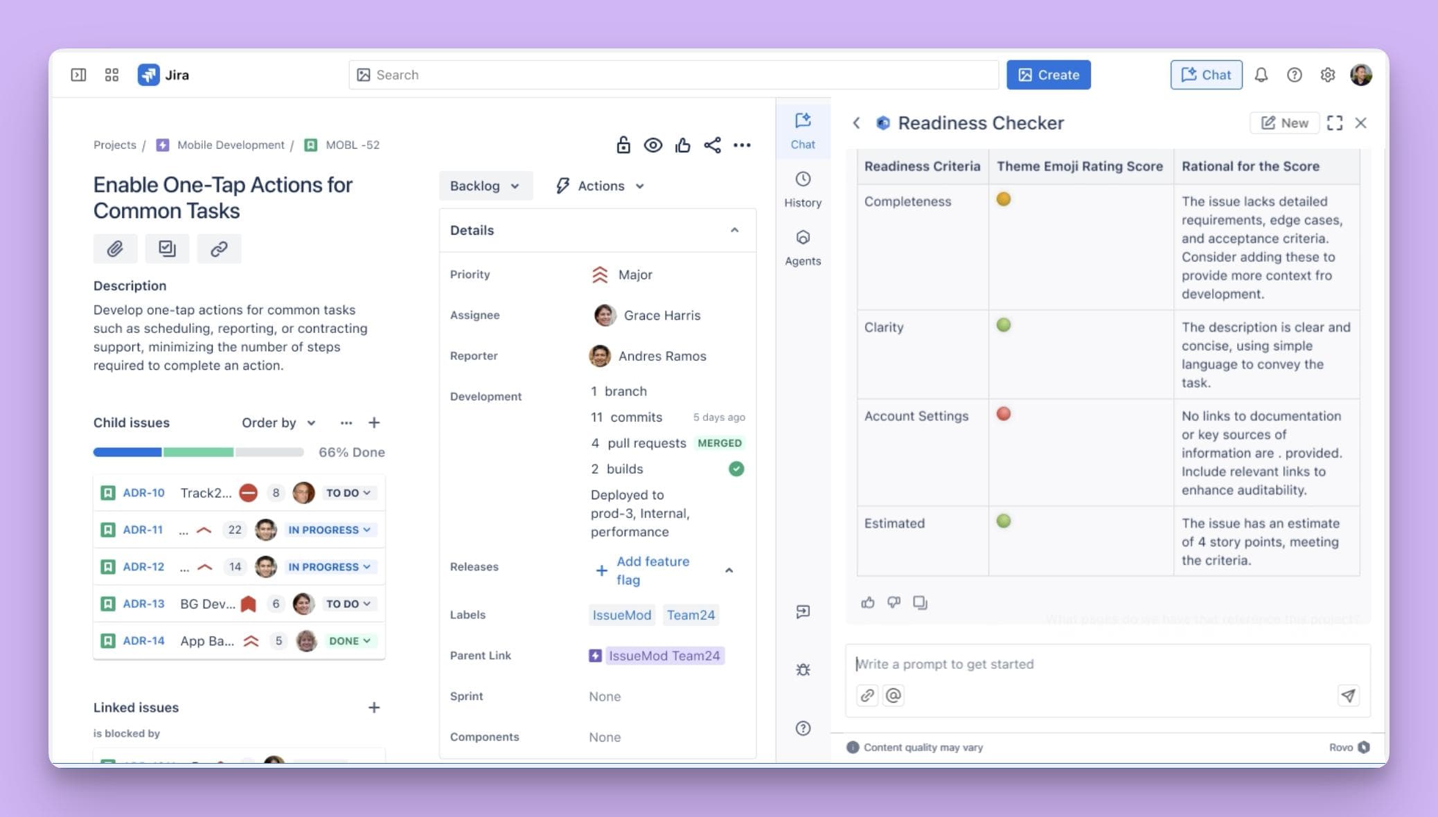 The Atlassian Rovo AI assistant functioning within its AI knowledge base and a Jira project, using a "Readiness Checker" to analyze a task's clarity.