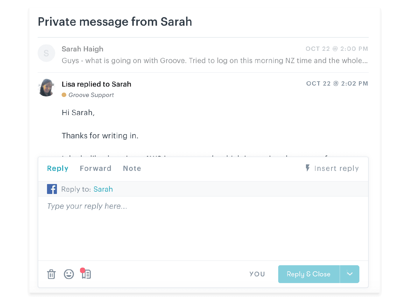 Example of using help desk software to respond via Facebook