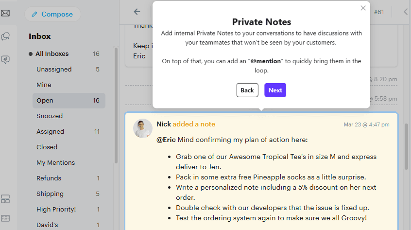 Customer service communication through internal notes