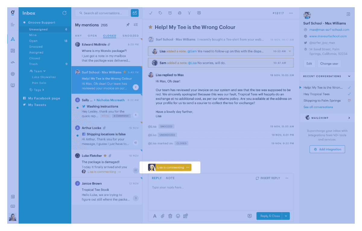 Gmail shared inbox lacks collision detection unlike Groove's shared inbox.