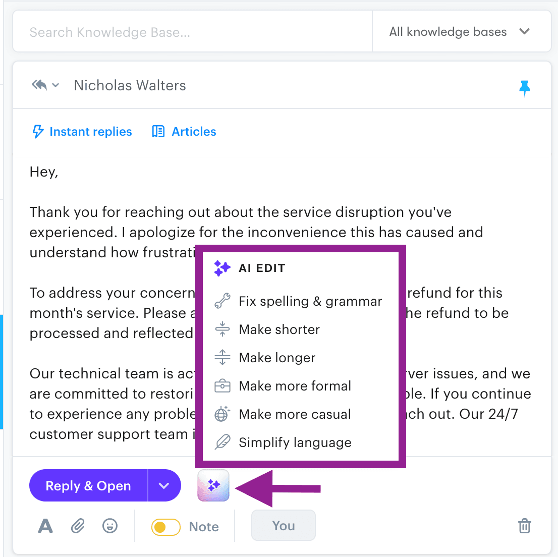 Groove's AI edits allow you to adjust email replies based upon formality, tone, and simplicity.