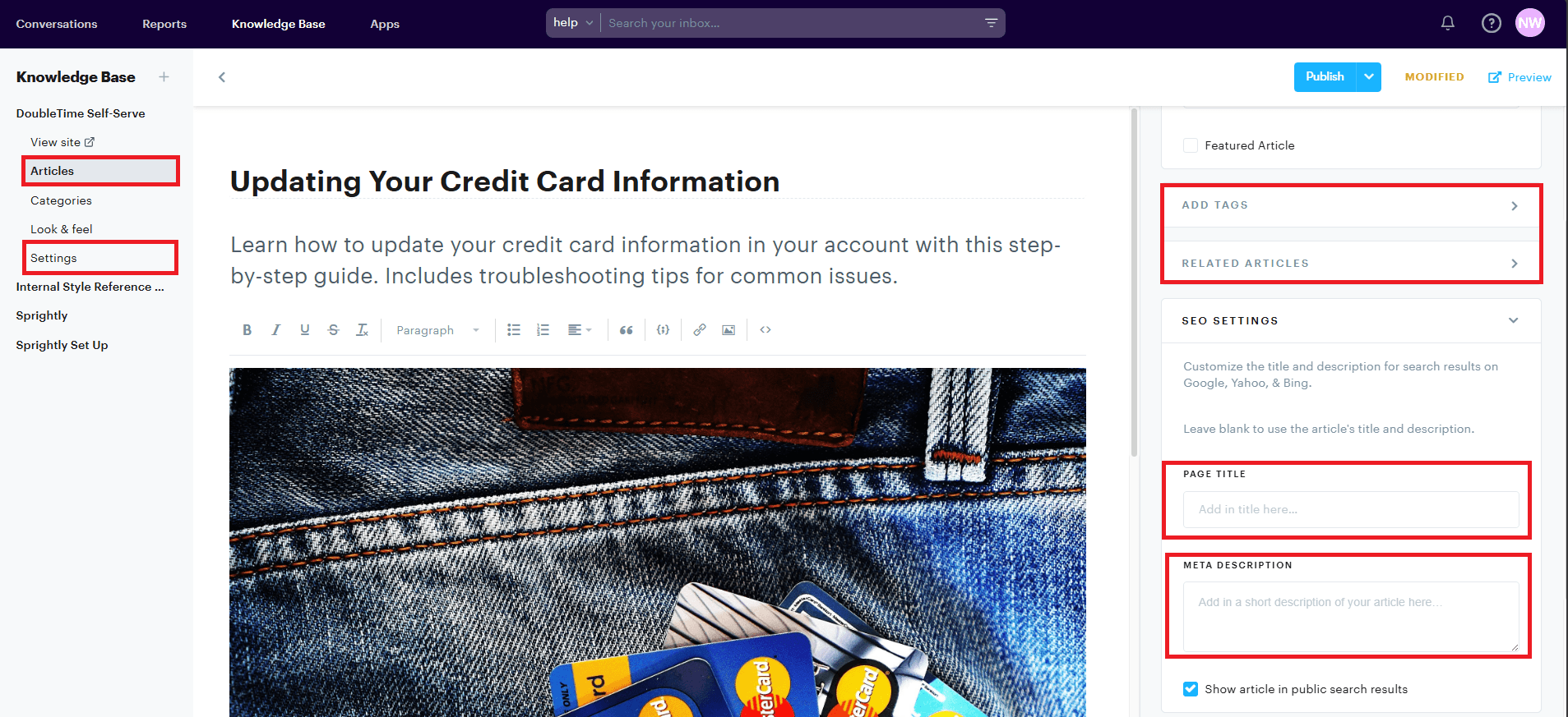 Within the Groove Knowledge Base dashboard, you can easily see options to adjust for SEO settings easily.