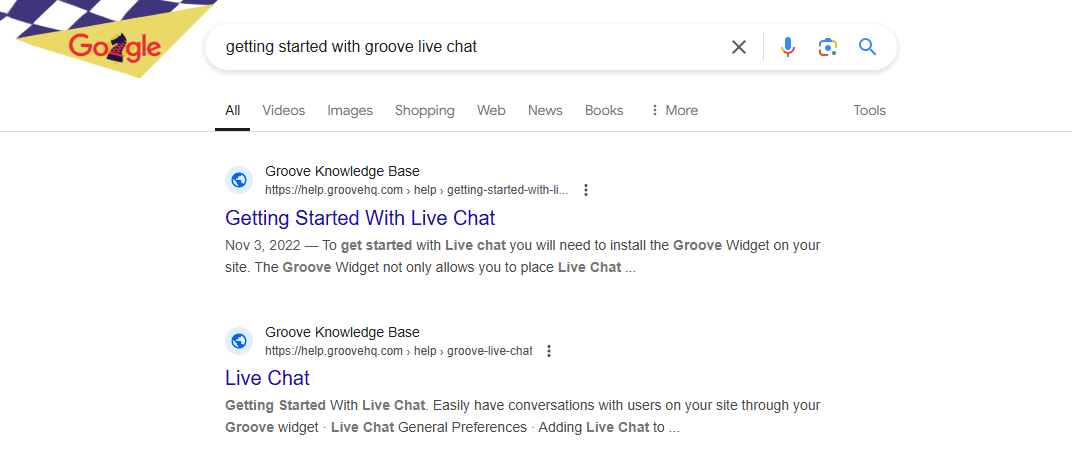 When we Google search "getting started with Groove live chat" our Knowledge Base is the first to appear in the SERPs.