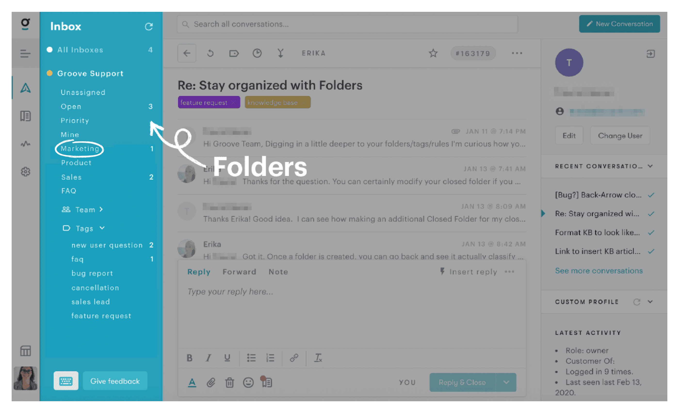 shared inbox with folders from customer support software