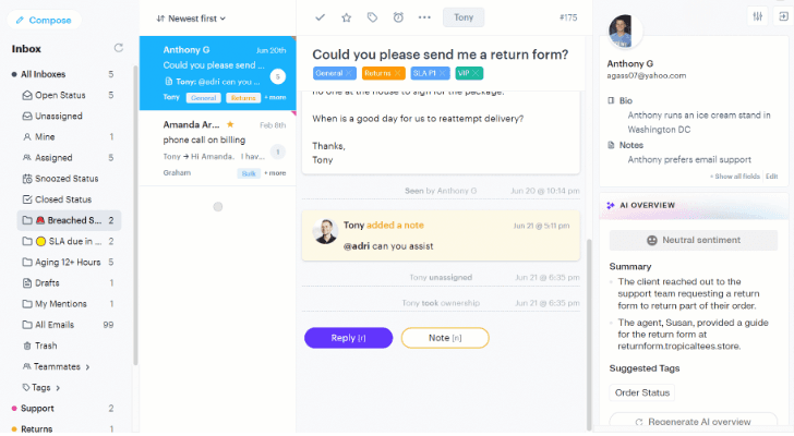 Groove's shared inbox that combines all your email interactions and facilitates easy categorization within a single inbox.