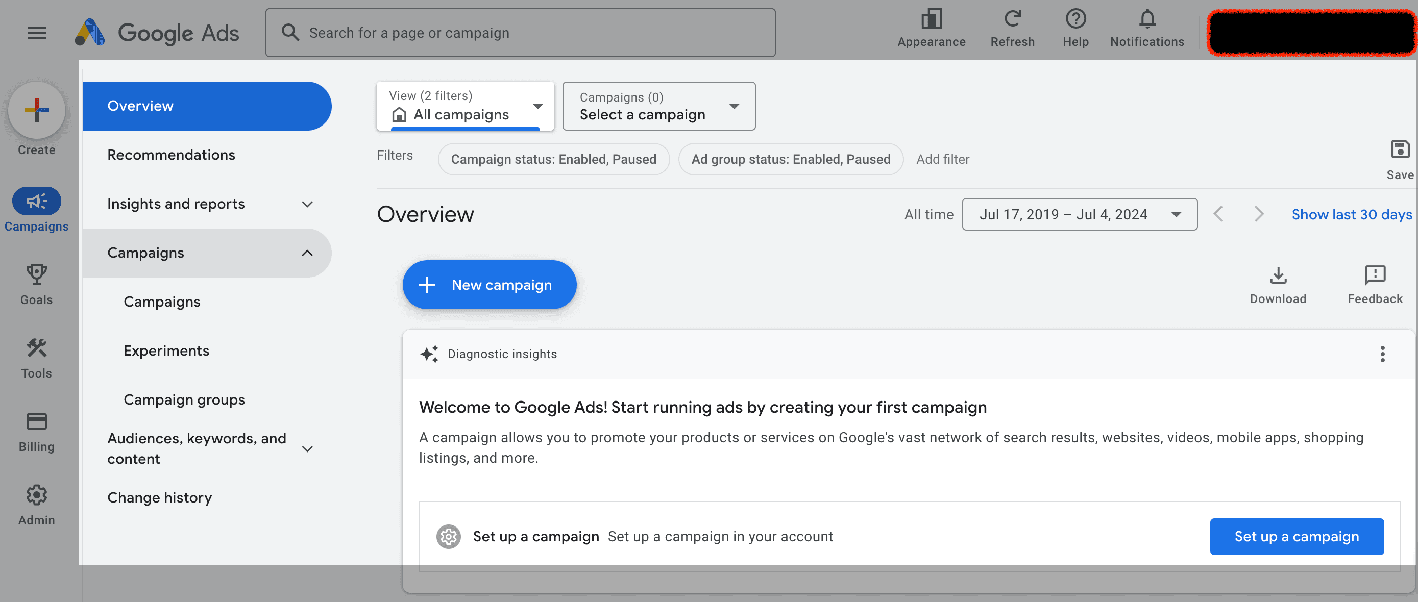 Creating a campaign in Google Ads.