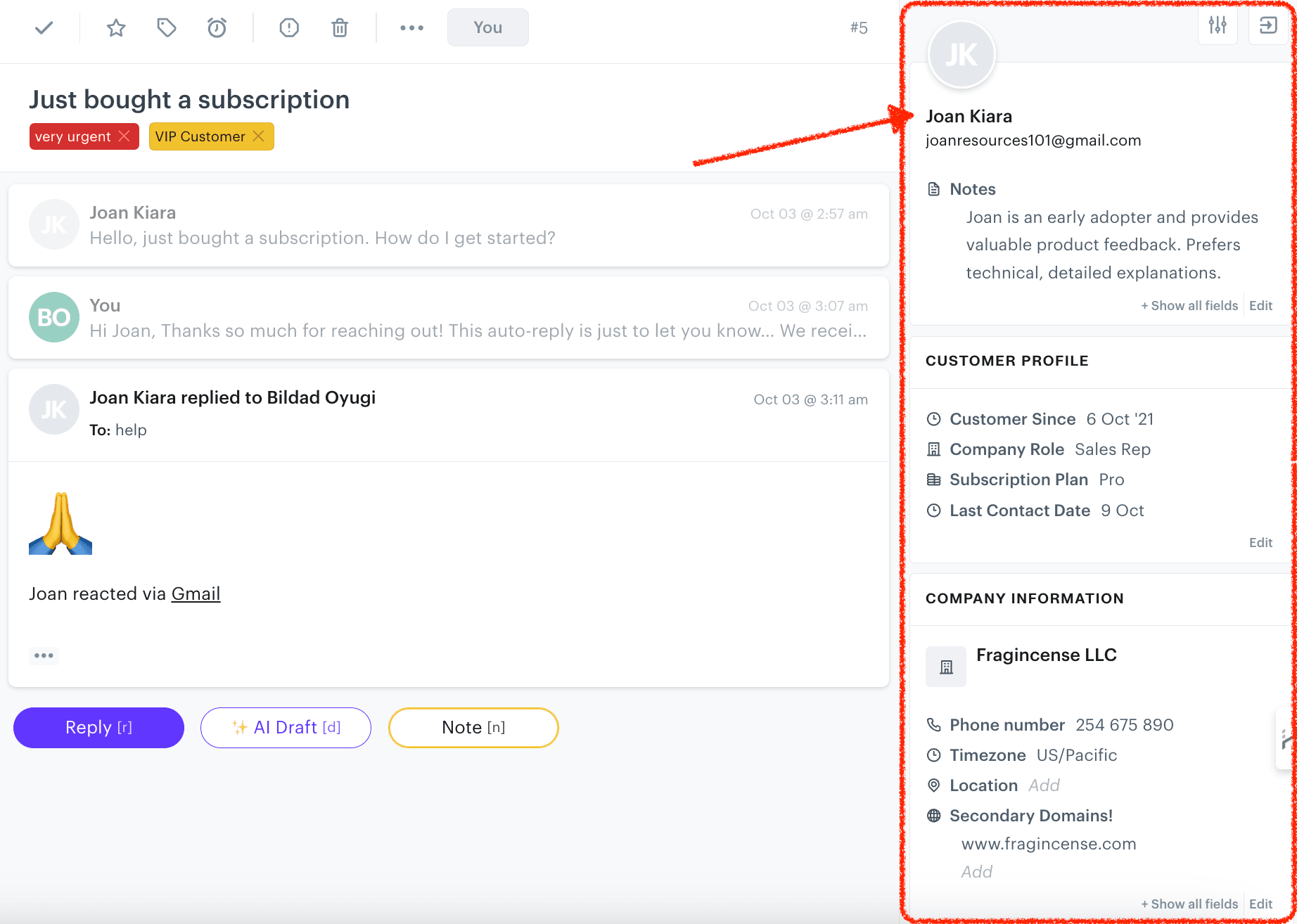 An example of a customer profile in Groove.