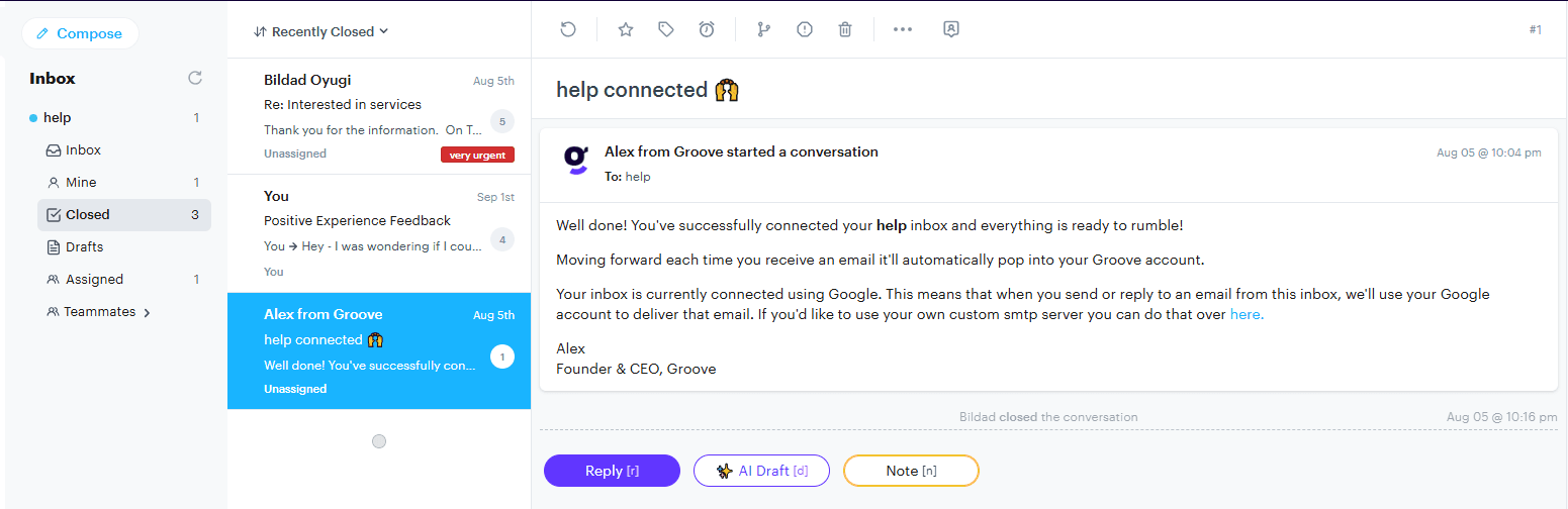 A conversation in the Groove support help desk.