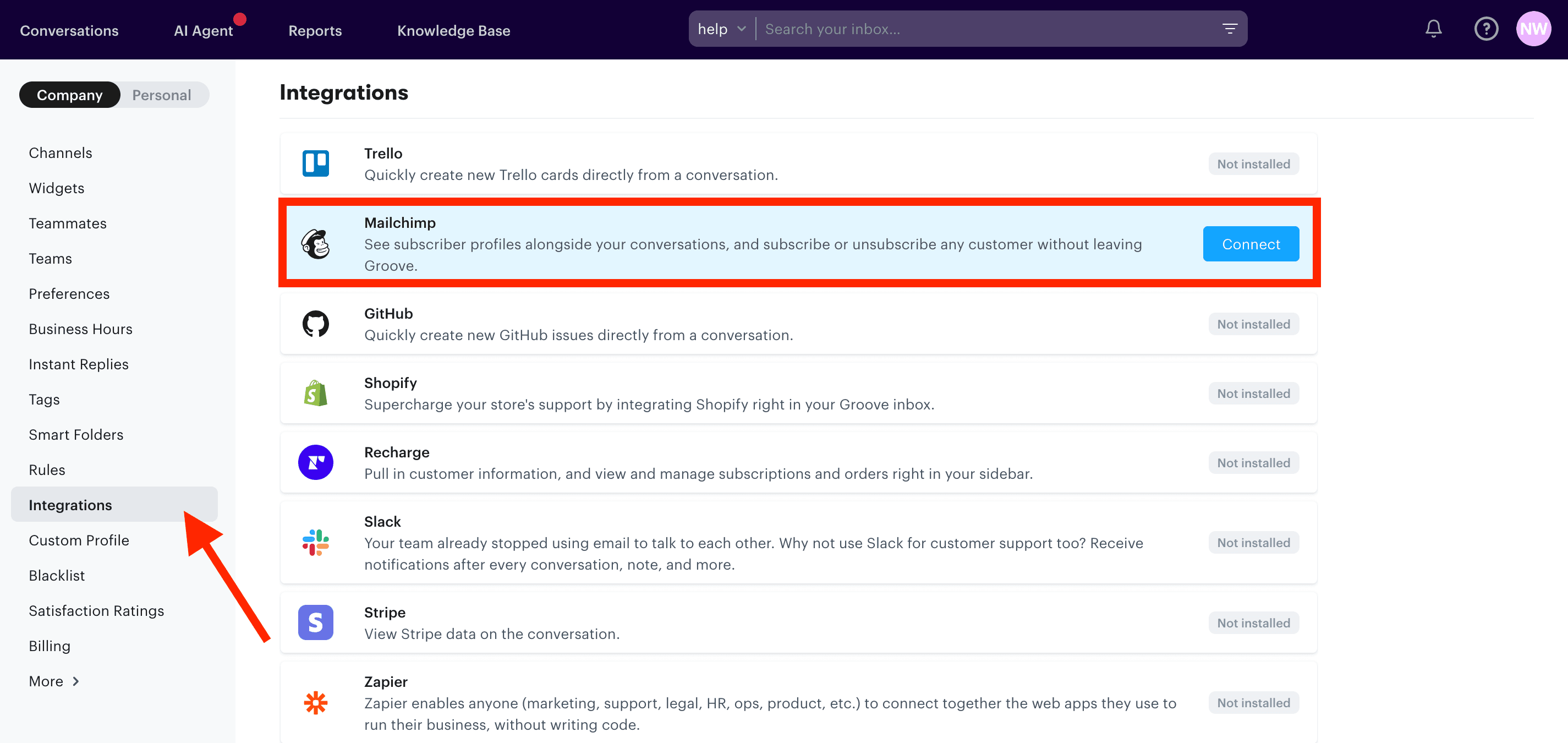 Integration options within Groove that allow for connection to Mailchimp or CRM.
