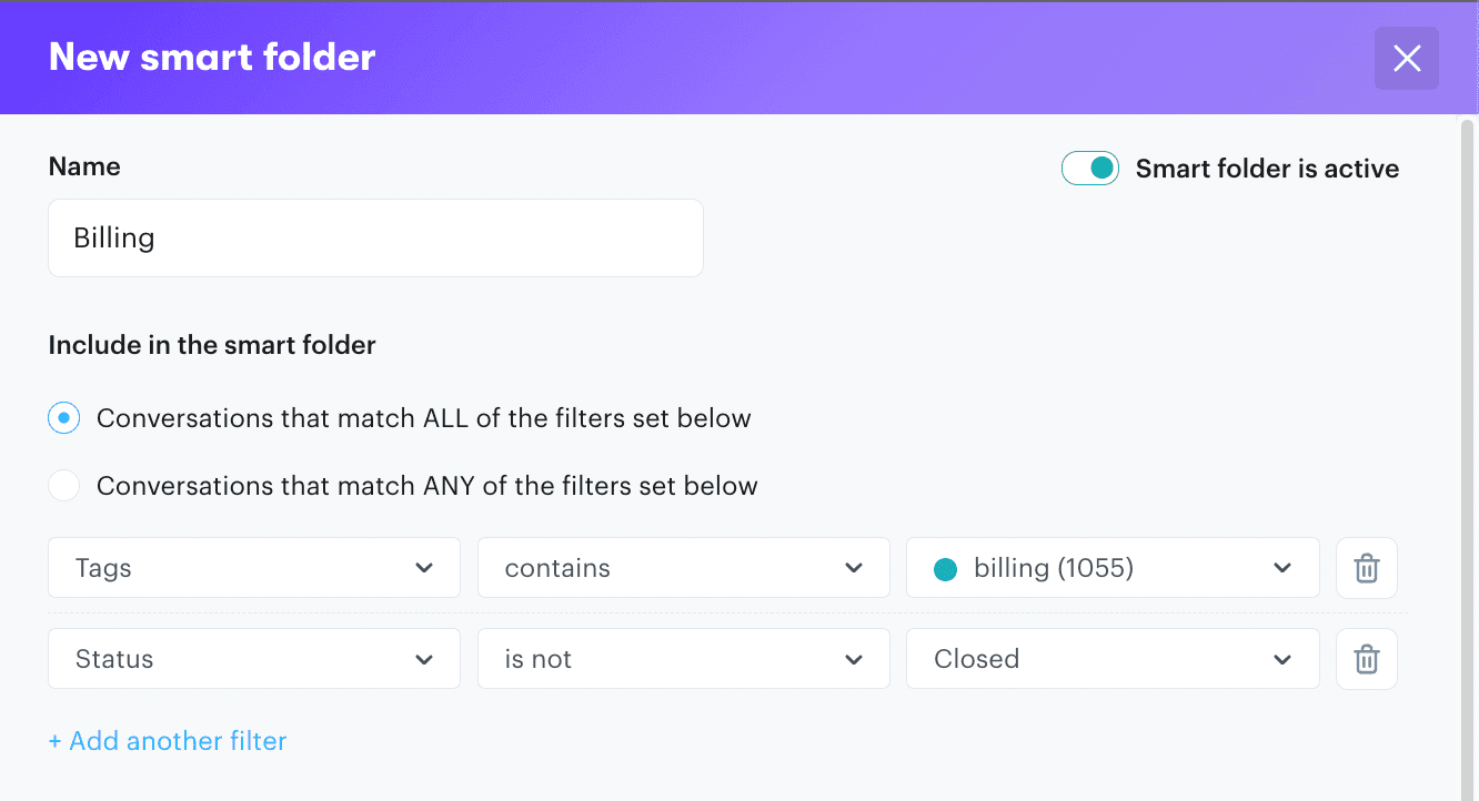 Creating a new smart folder in the Groove customer support platform.