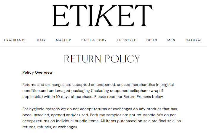 An example of a return policy, listed on a brand website. Some of this information was likely pulled from an internal customer service policy.