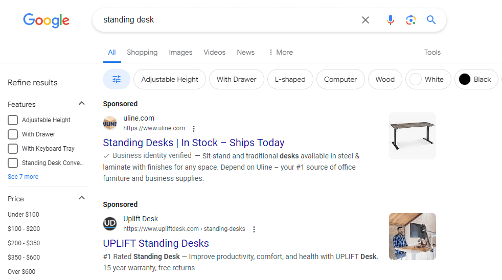 An example of paid ads for standing desks on Google.