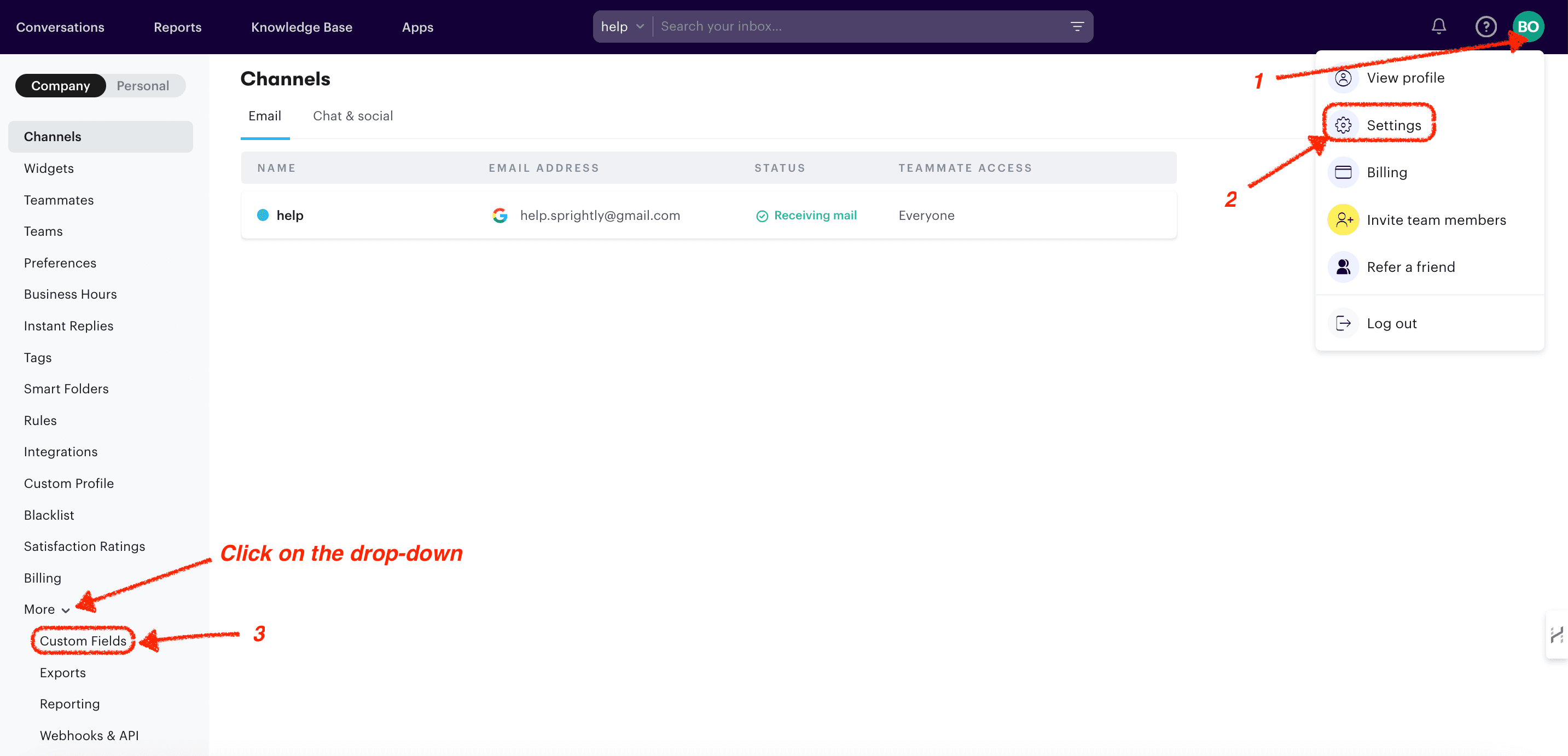 Screenshot showing how to create custom fields on Groove's Settings menu