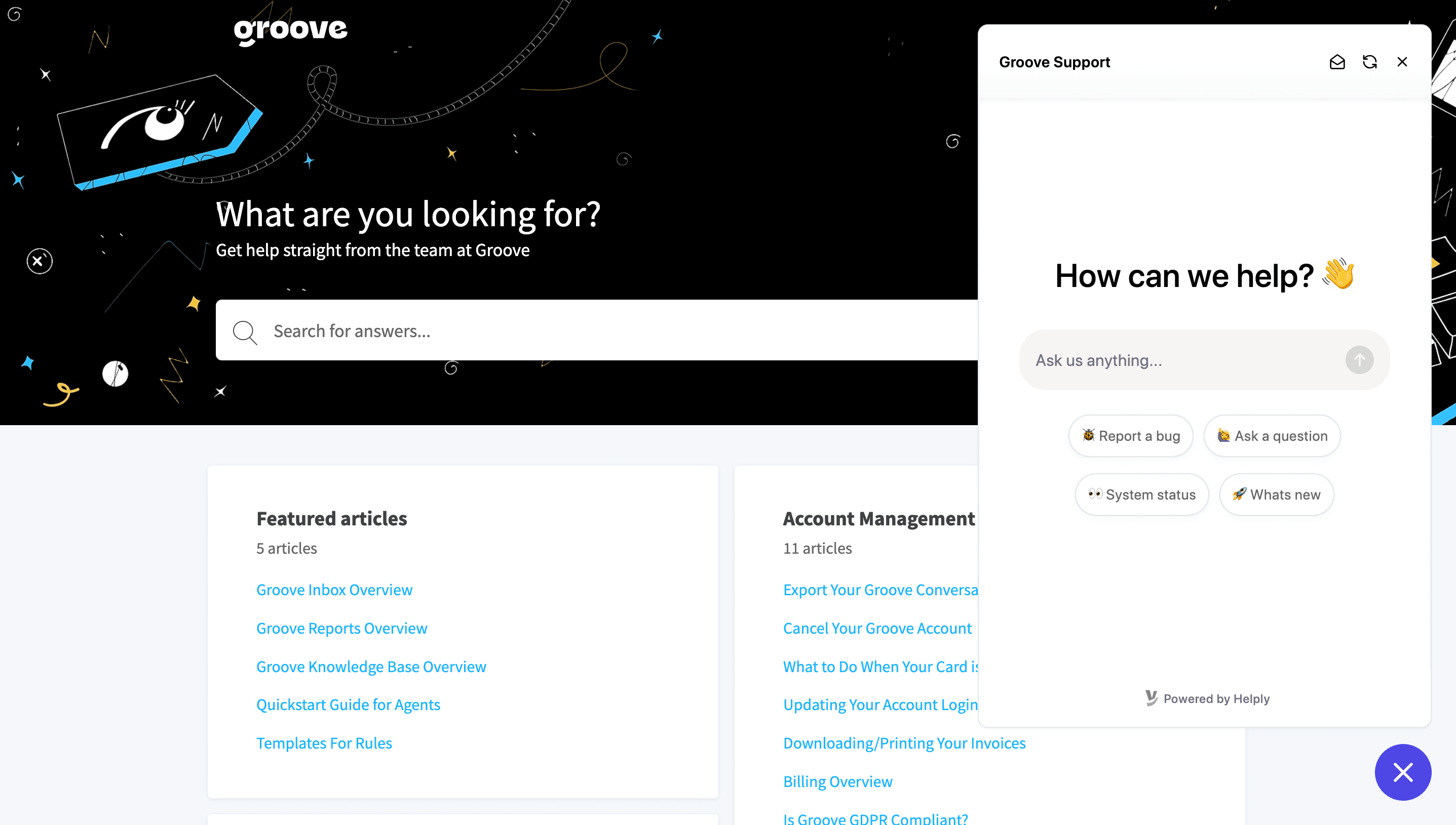Groove's Knowledge Base. Helply, our conversational AI for customer support tool is embedded here.