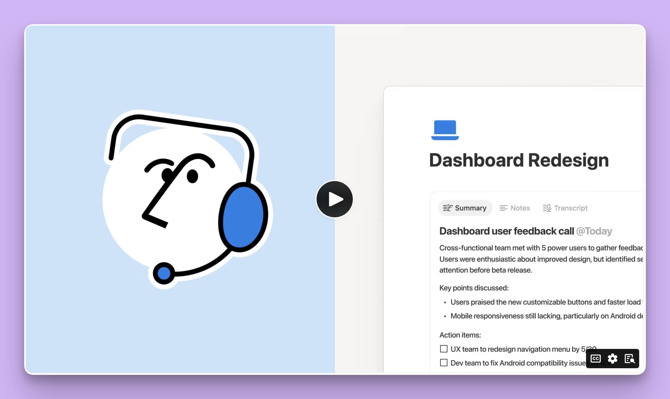 Screenshot of the Notion AI knowledge base interface, showing a "Dashboard Redesign" page with a summary of a user feedback call.