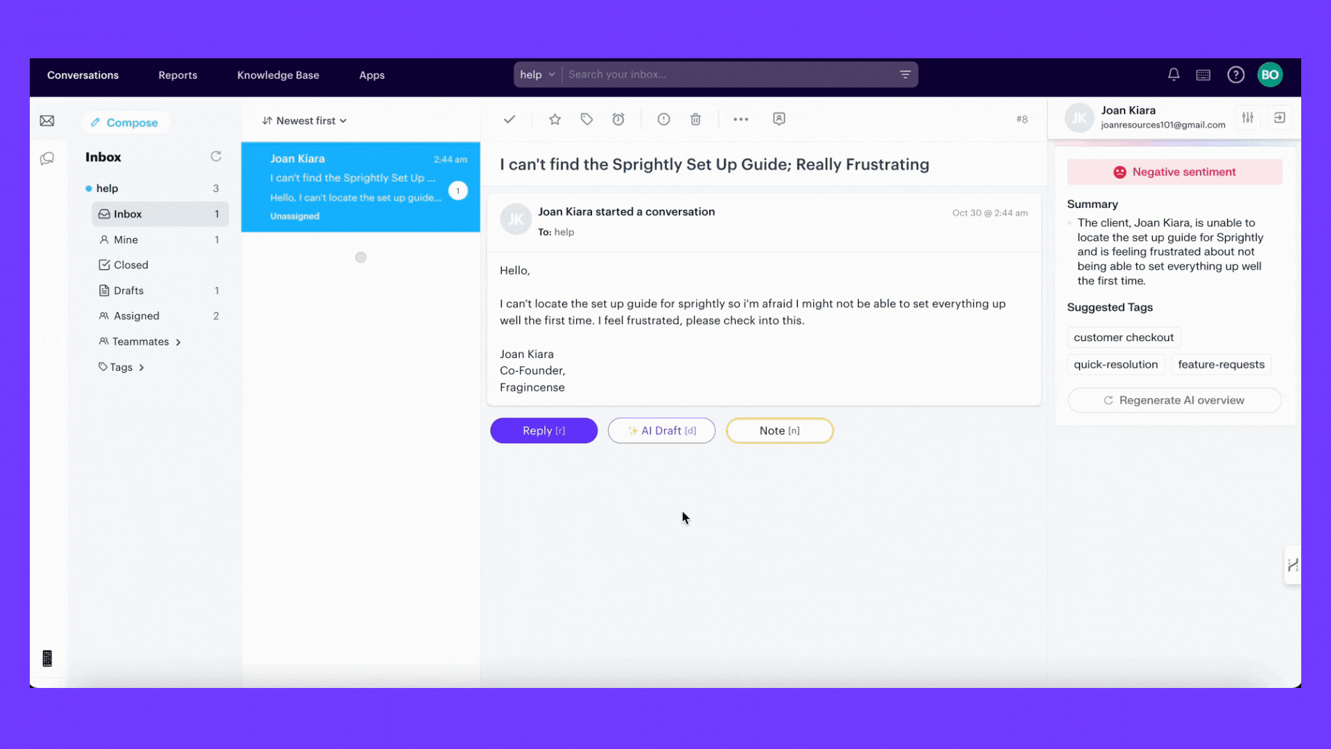 instant reply example using Groove customer support tool