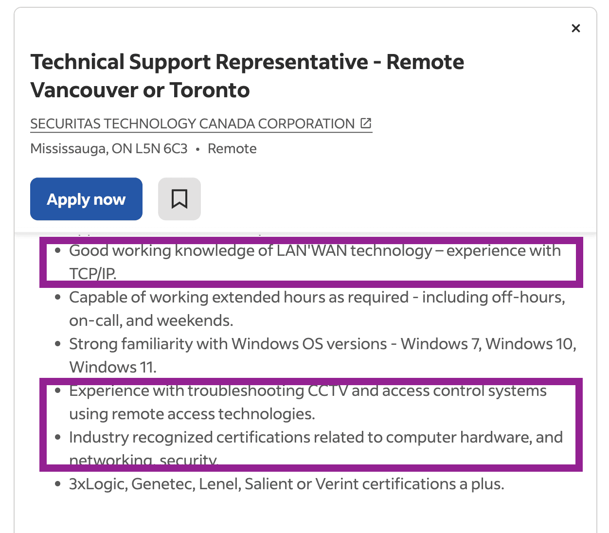 A job posting for customer support should include technical qualifications.